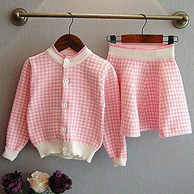 Girls Dress, Autumn Winter Toddler Kids Plaid Knitted Sweater Dress Set Baby Girls Coat Tops+Skirt Set