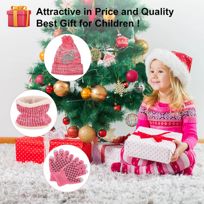 Kids Winter Hat Gloves Scarf Set, Girls Toddler Children Beanie with Pom Knit Neck Warmer Gaiter Mittens Fleece Lined Set for 3-12 Years Old