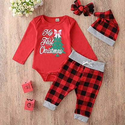 My First Christmas Outfit Baby Girl Boy Christmas Tree Romper Bodysuit Tops Buffalo Plaid Pants and Hat Headband 4 Pcs Set