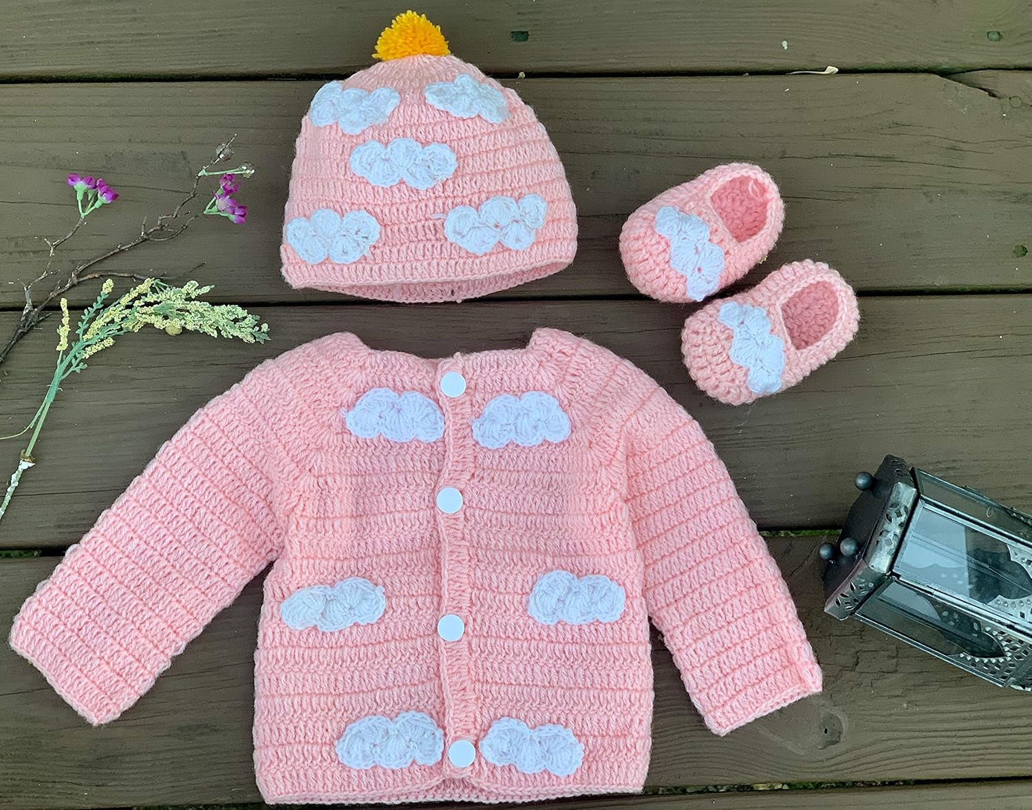 Newborn Cozy Warm Baby Sweater Set -Hand Made Baby Crochet Set -Pink/Blue Knit Cardigan with Booties & Hat Gift Set