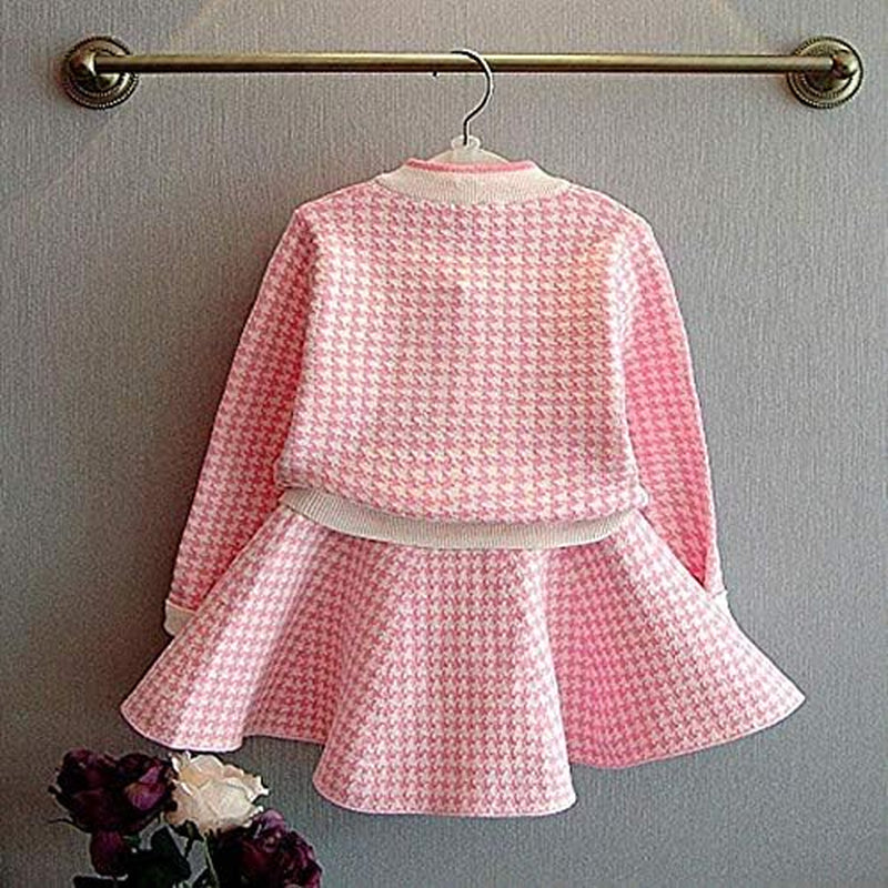 Girls Dress, Autumn Winter Toddler Kids Plaid Knitted Sweater Dress Set Baby Girls Coat Tops+Skirt Set